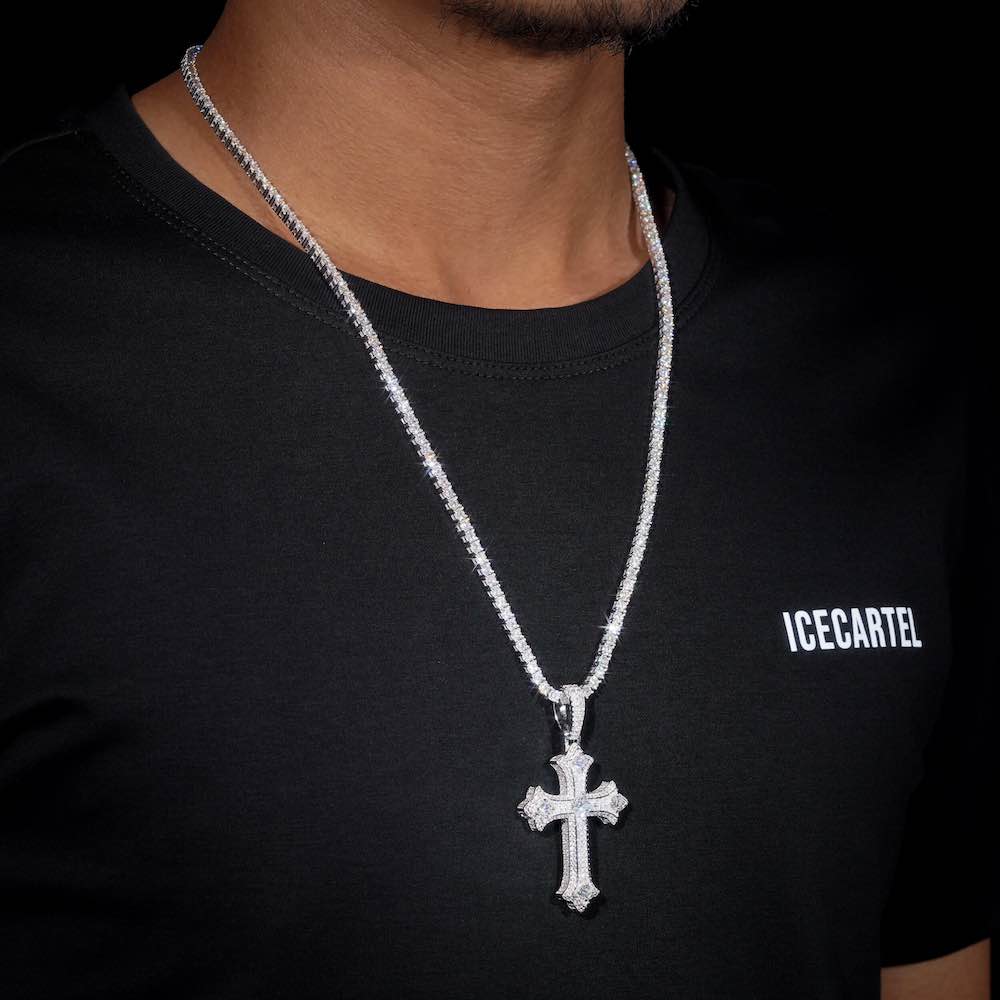 Moissanite Cross Pendant 14k Gold Side