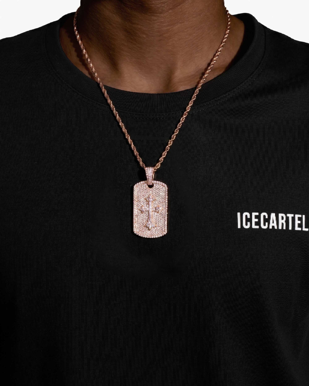 Moissanite Dog Tag Cross Pendant 14K Gold - Rose Gold
