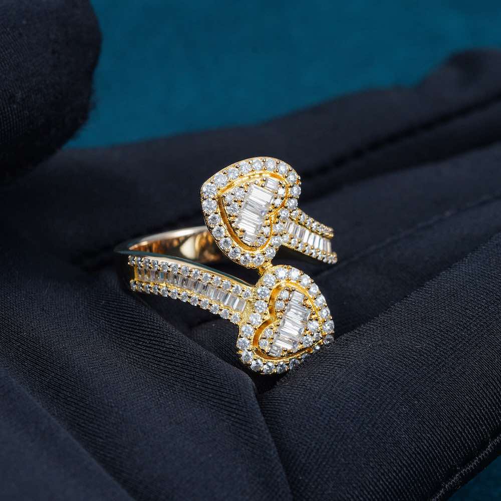 moissanite double heart ring yellow gold hand
