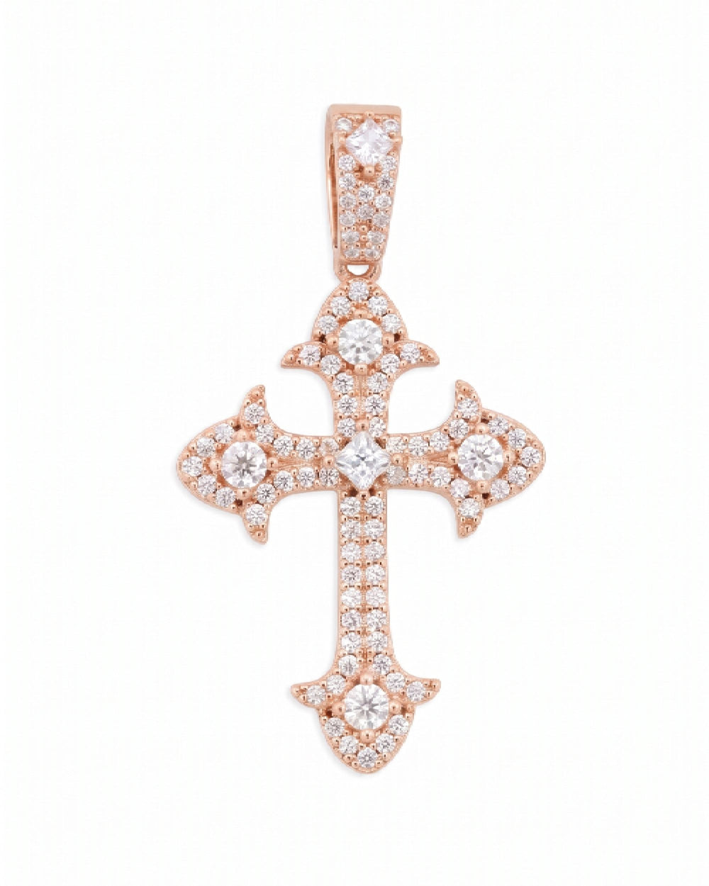 Moissanite Fleur Cross Pendant 14K Gold - Rose Gold