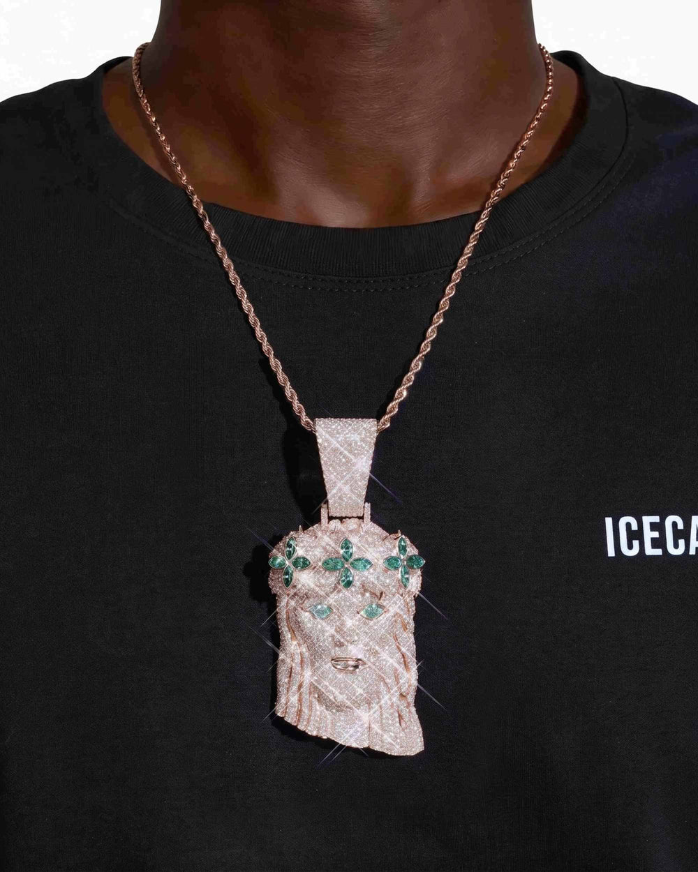 Moissanite Four Leaf Clover Jesus Pendant 14K Gold - Rose Gold