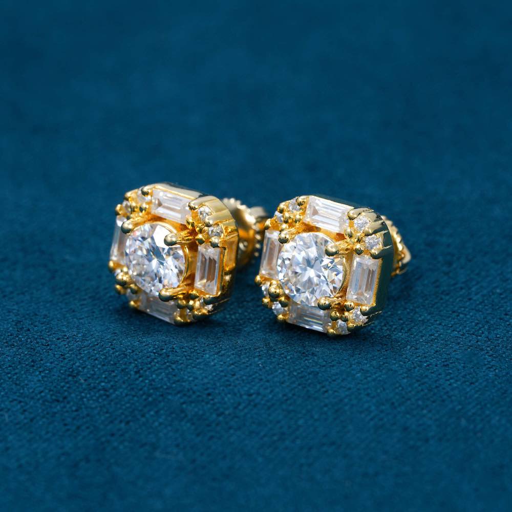 moissanite halo baguette earrings yellow gold side