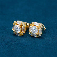 moissanite halo baguette earrings yellow gold side