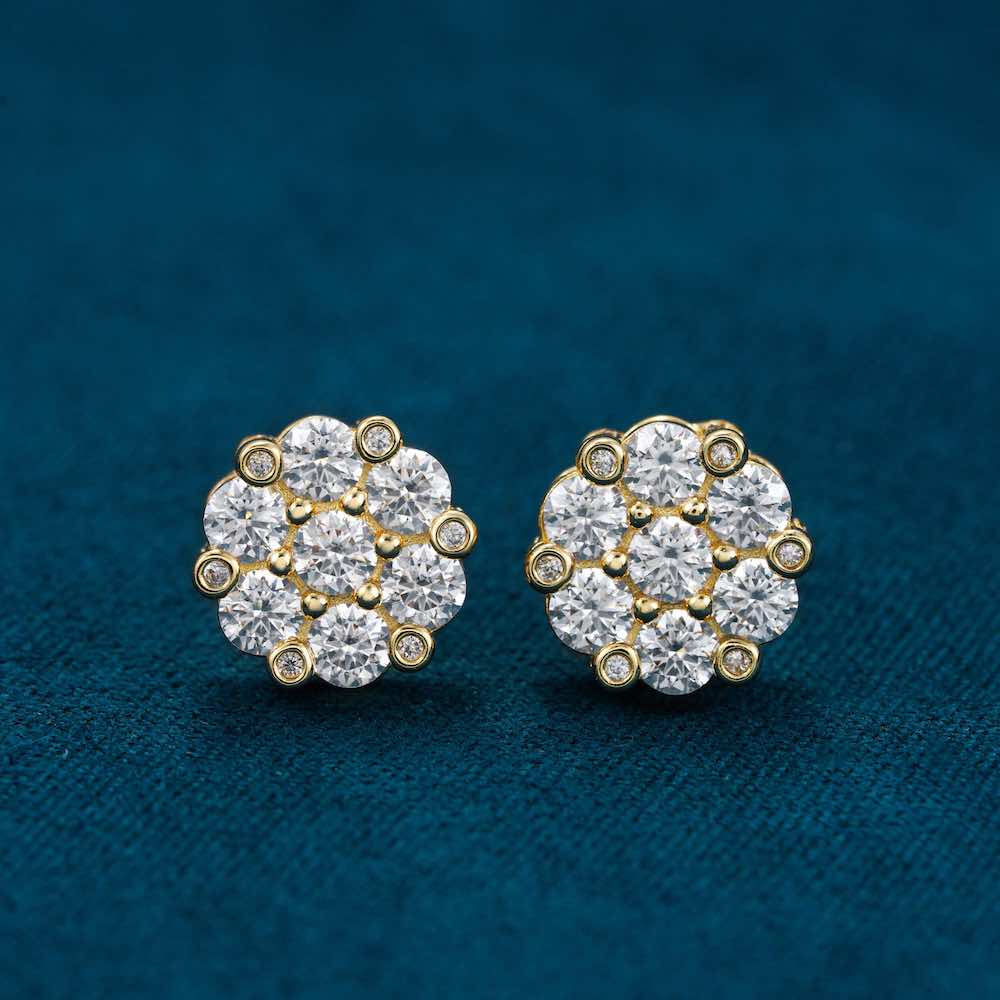 moissanite halo cluster bezel set earrings yellow gold