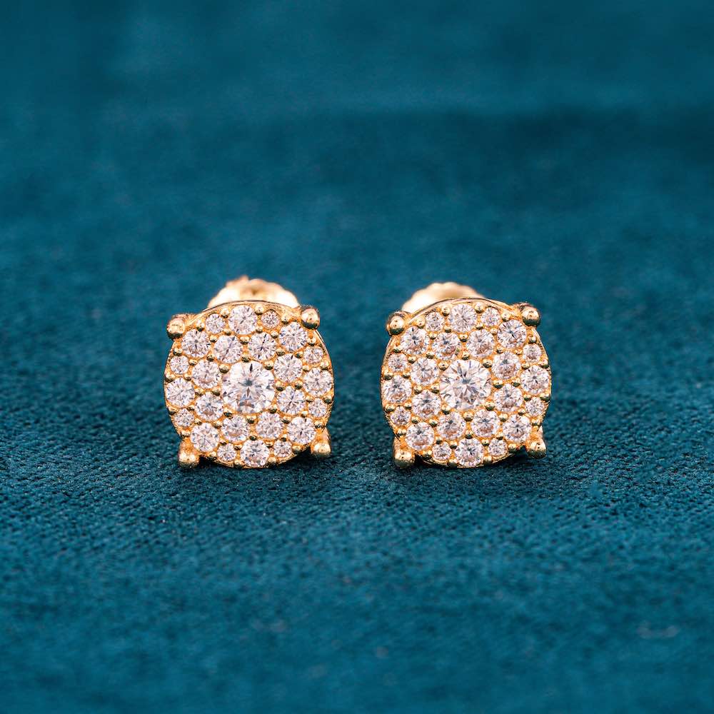 Moissanite halo round studs earrings yellow gold