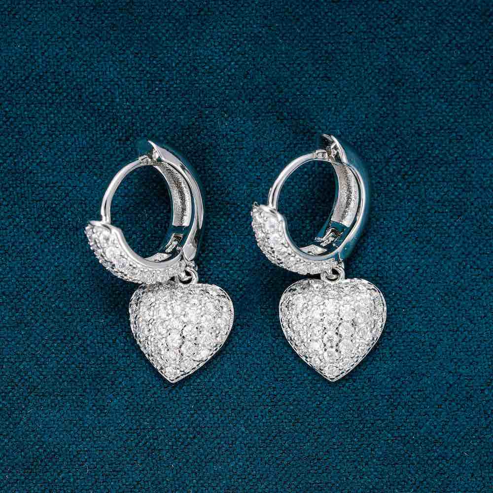 moissanite heart shaped drop earrings 14k gold white