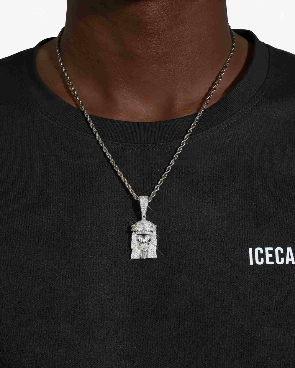 Moissanite Hollow Back Mini Jesus Pendant 14K Gold - White Gold