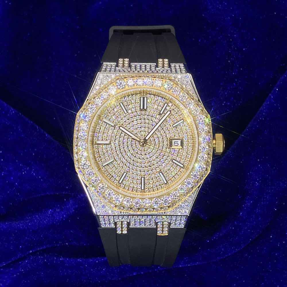 moissanite iced out rubber band watch 14k yellow gold front