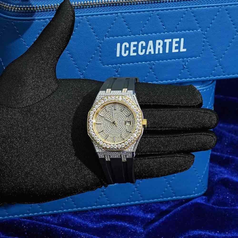 moissanite iced out rubber band watch 14k yellow gold hand