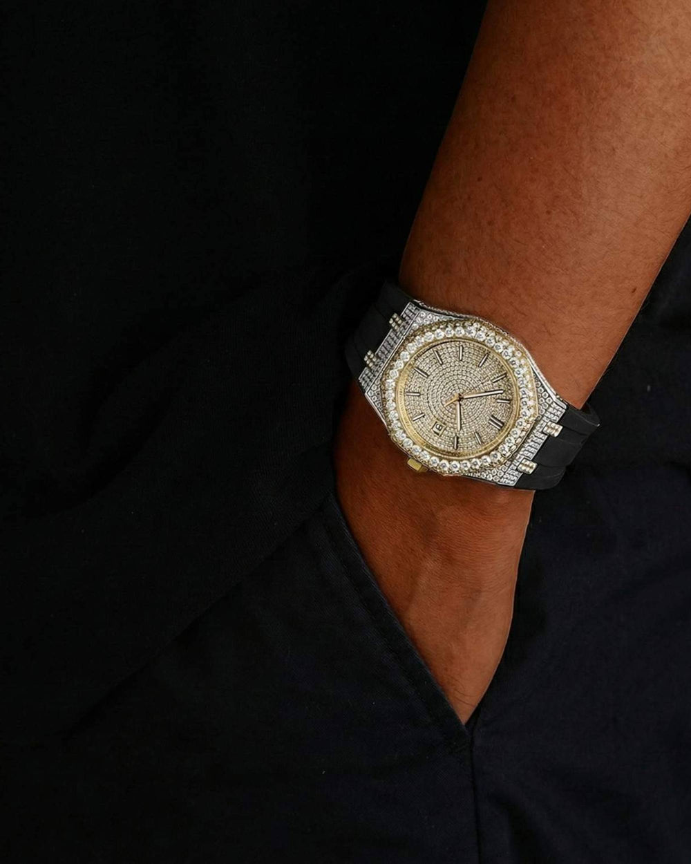 moissanite iced out rubber band watch 14k yellow gold model icecartel px new