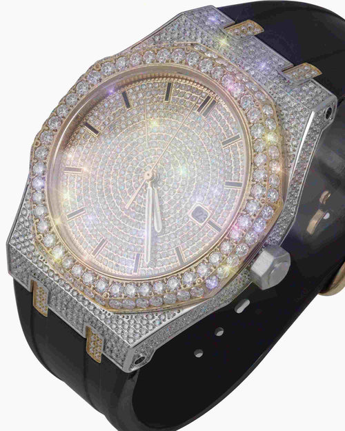 moissanite iced out rubber band watch 14k yellow gold white background px new close