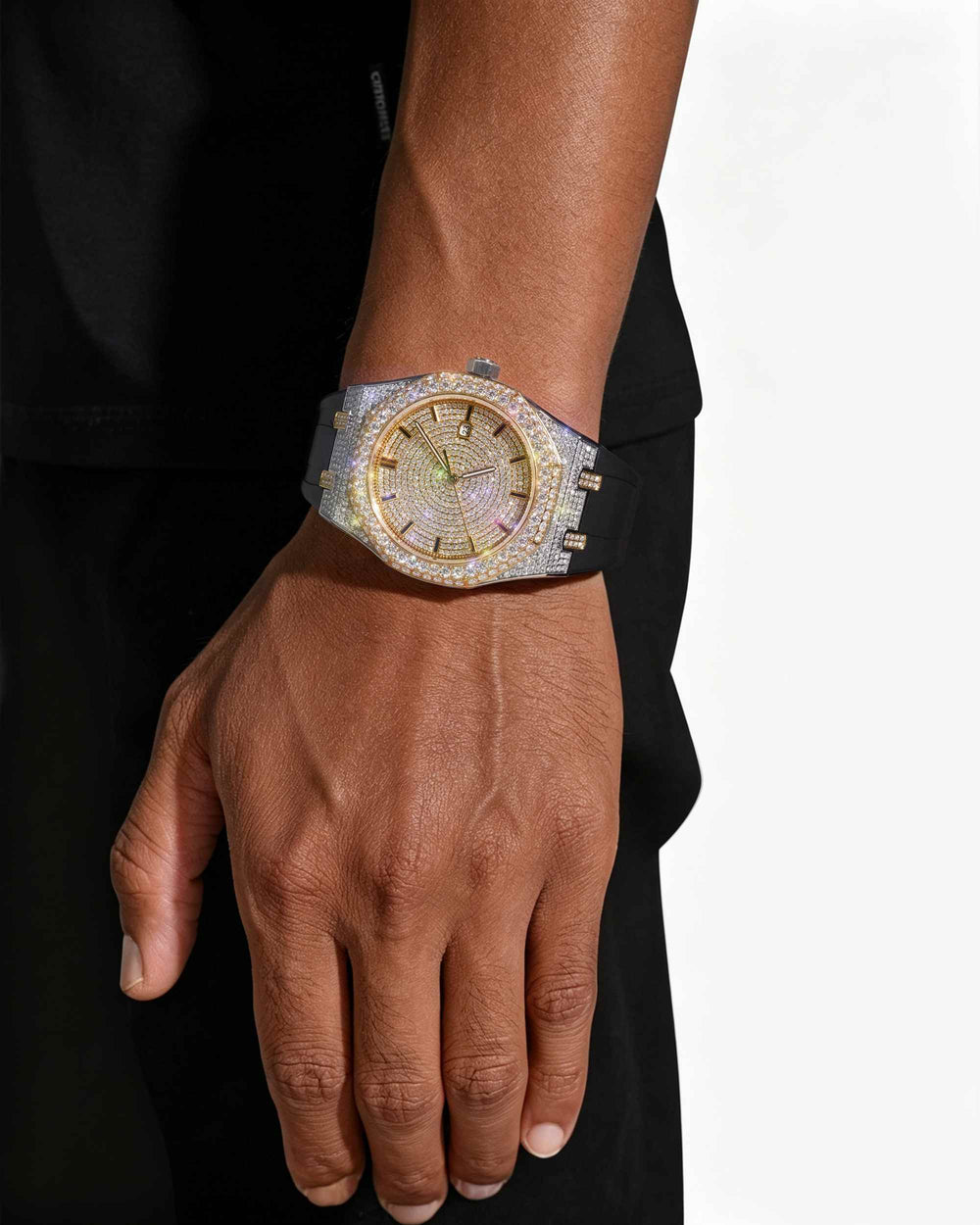 moissanite iced out rubber band watch 14k yellow gold white background px new model