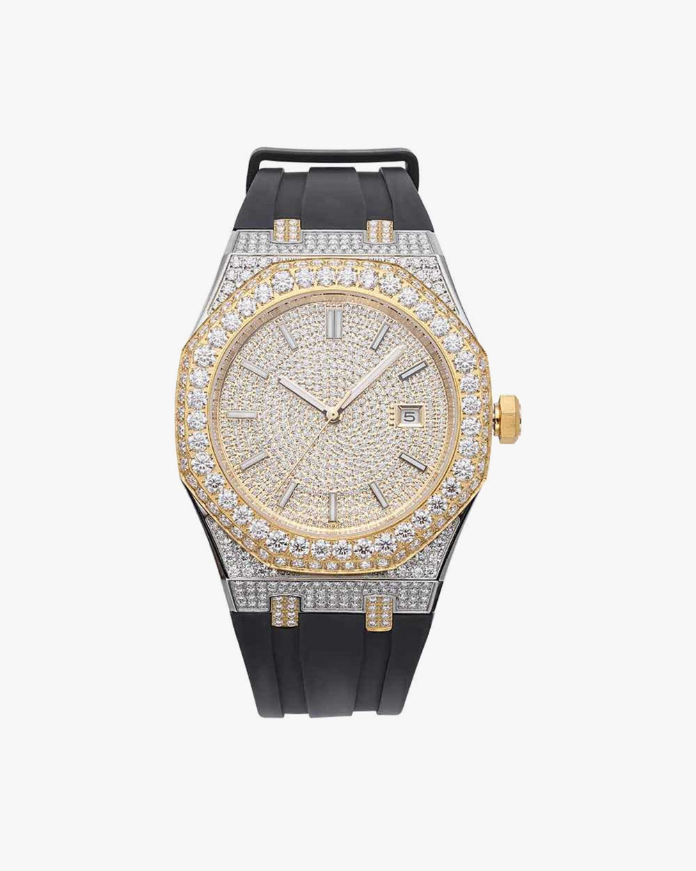 moissanite iced out rubber band watch 14k yellow gold white background px