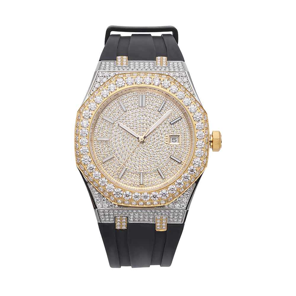 moissanite-iced-out-rubber-band-watch-14k-yellow-gold-white-background