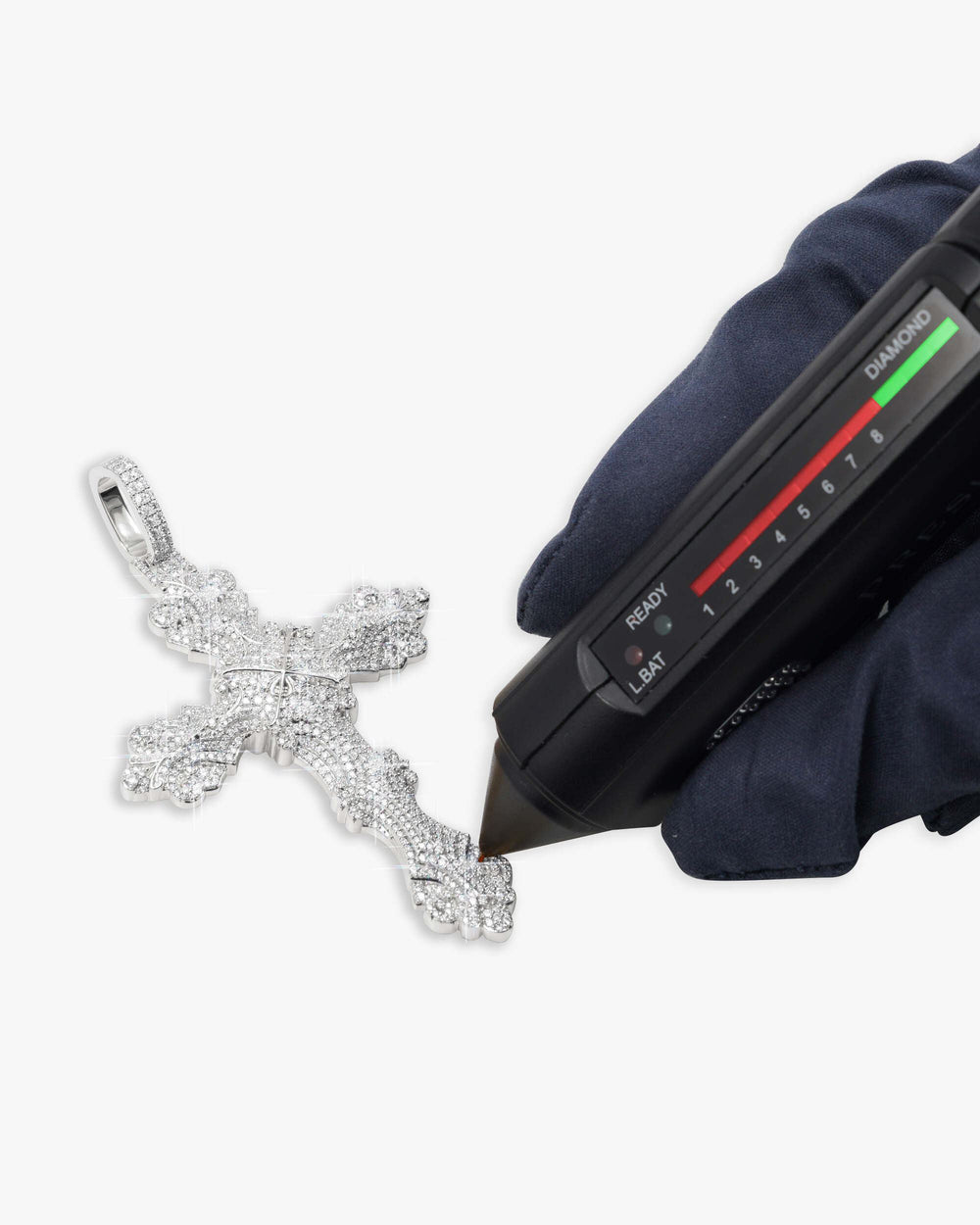 moissanite ornamental cross 14k white gold icecartel white test