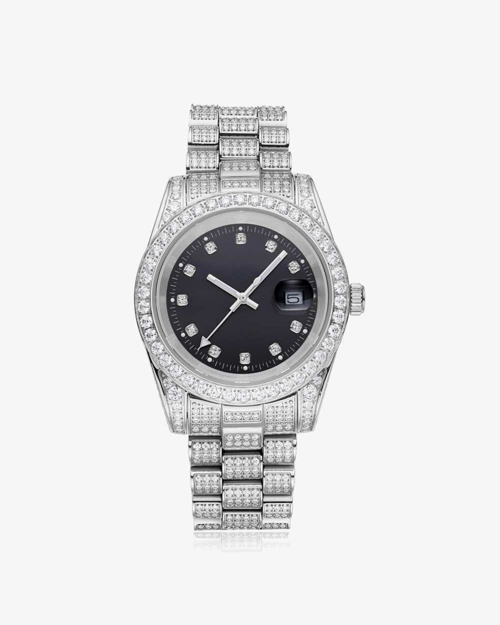 moissanite presidential watch black face 14k gold white background px