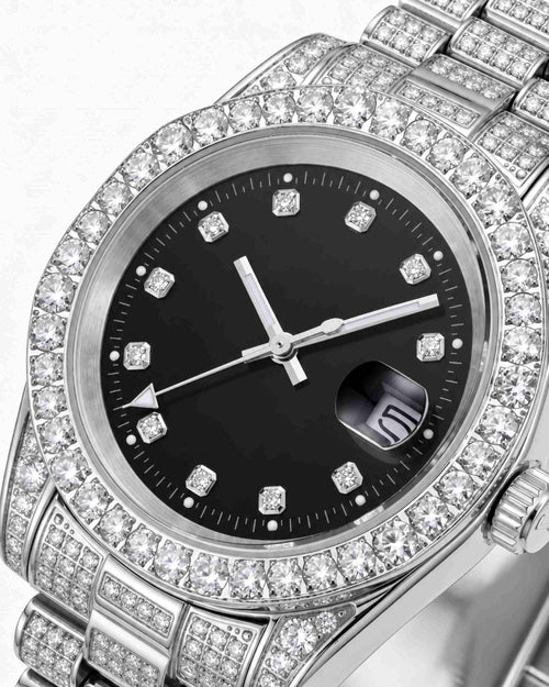 moissanite presidential watch black face 14k gold white close