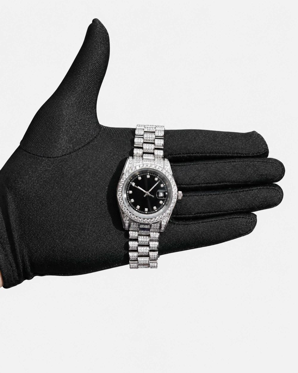 moissanite presidential watch black face 14k gold white display