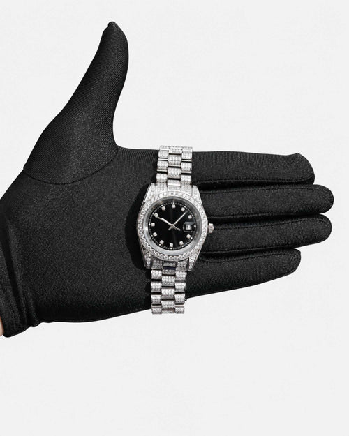 moissanite presidential watch black face 14k gold white display