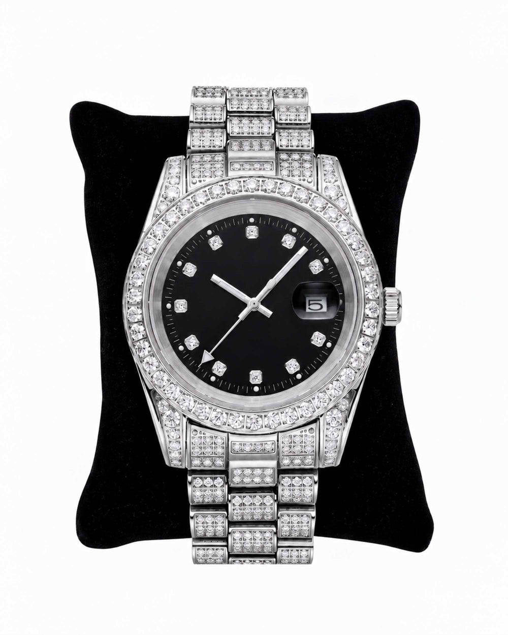 moissanite presidential watch black face 14k gold white pillow