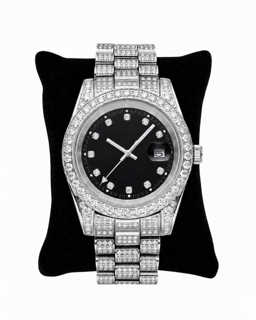 moissanite presidential watch black face 14k gold white pillow