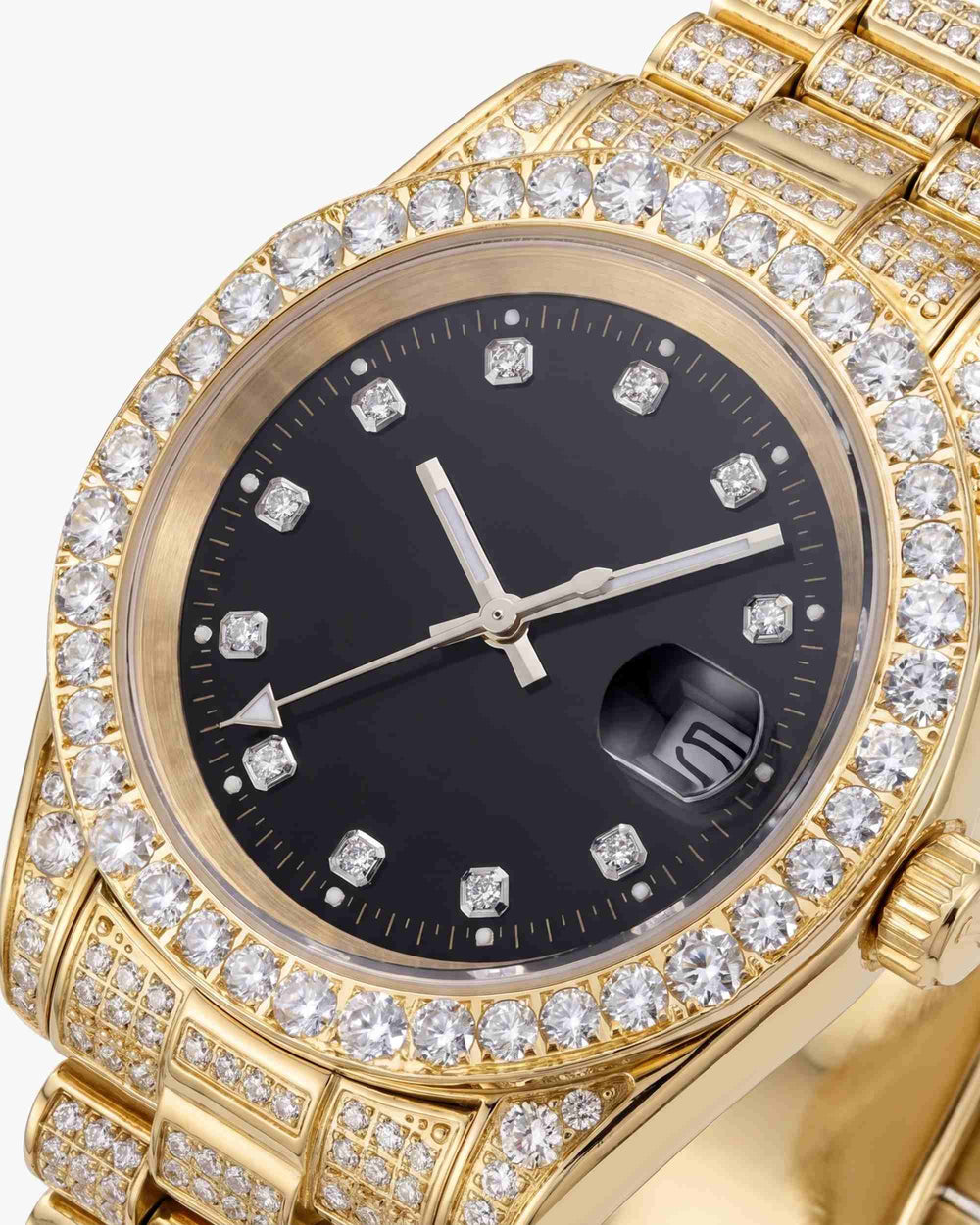 moissanite presidential watch black face 14k yellow gold close
