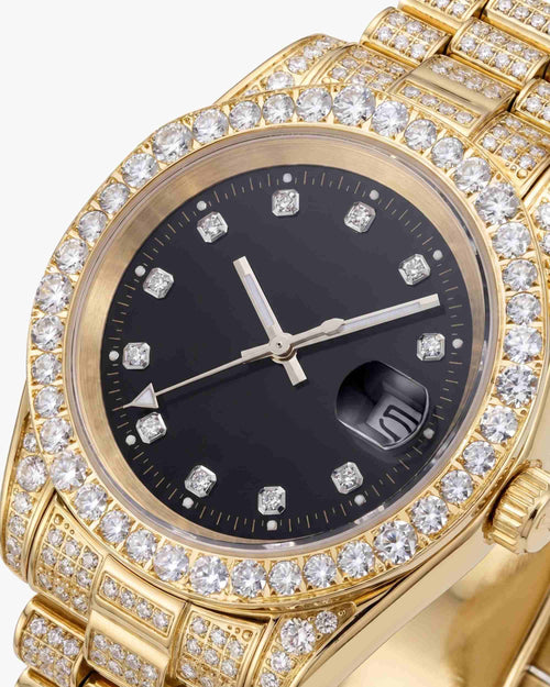 moissanite presidential watch black face 14k yellow gold close