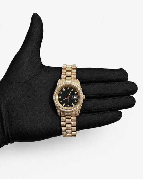 moissanite presidential watch black face 14k yellow gold hand new