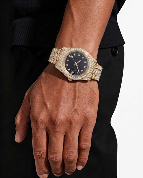 moissanite presidential watch black face 14k yellow gold model icecartel px new