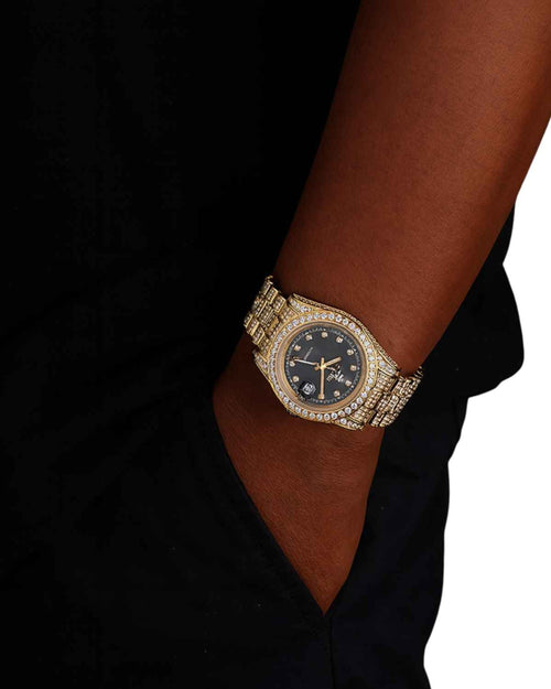 moissanite presidential watch black face 14k yellow gold model icecartel px