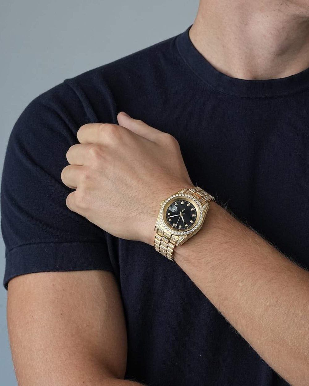 moissanite presidential watch black face 14k yellow gold model icecartel px_1