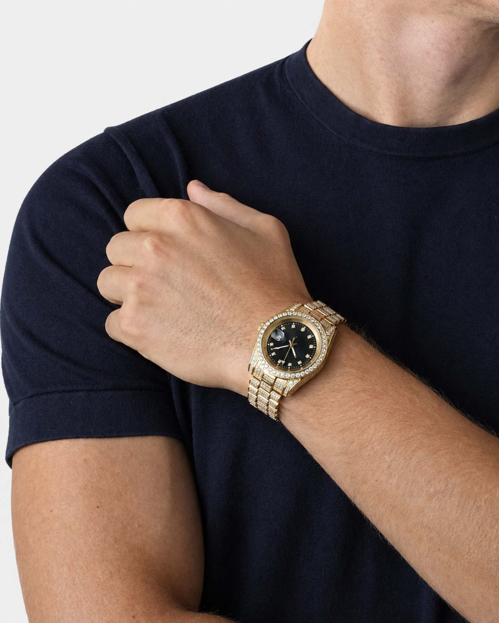 moissanite presidential watch black face 14k yellow gold model second