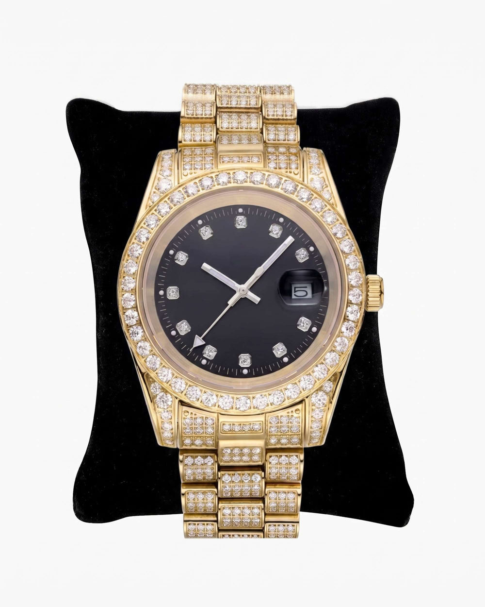 moissanite presidential watch black face 14k yellow gold pillow