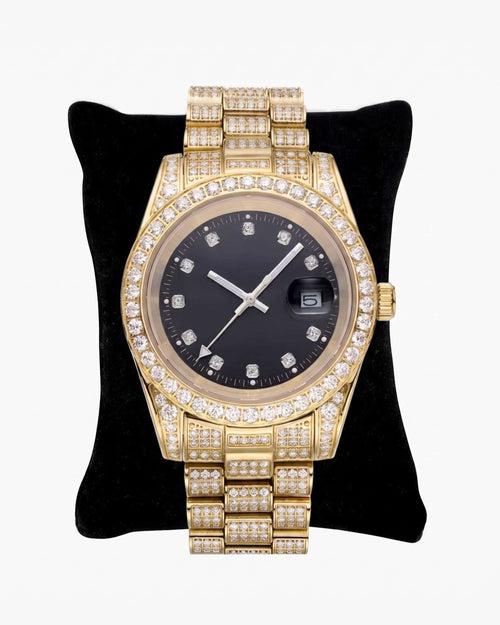 moissanite presidential watch black face 14k yellow gold pillow