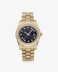 moissanite presidential watch black face 14k yellow gold white background px