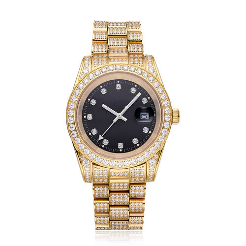 moissanite presidential watch black face 14k yellow gold white background
