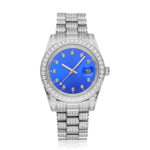 moissanite presidential watch blue face 14k gold white background