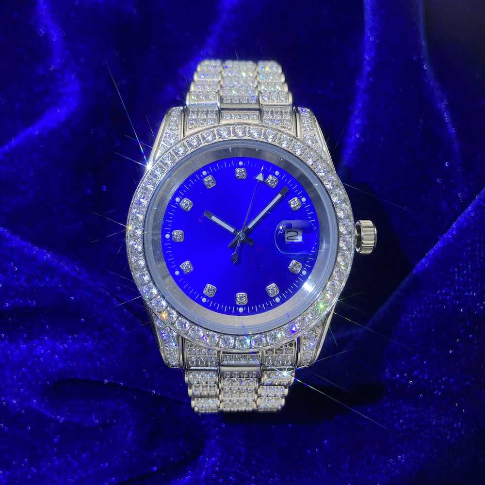moissanite presidential watch blue face 14k gold