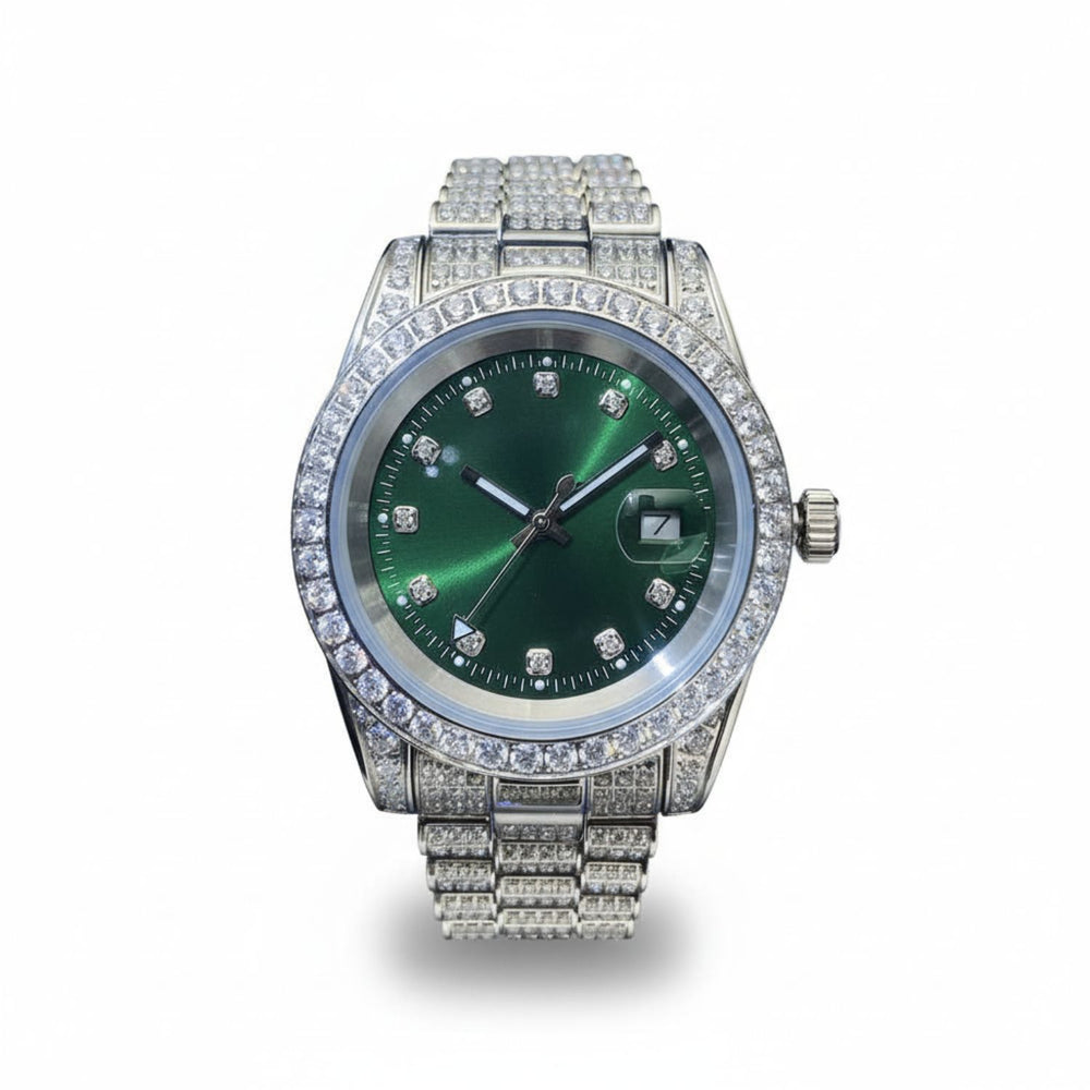 moissanite presidential watch green face 14k gold icecartel