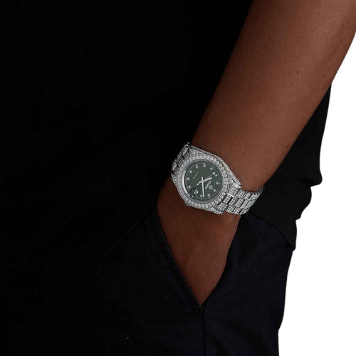 moissanite presidential watch green face 14k gold model icecartel