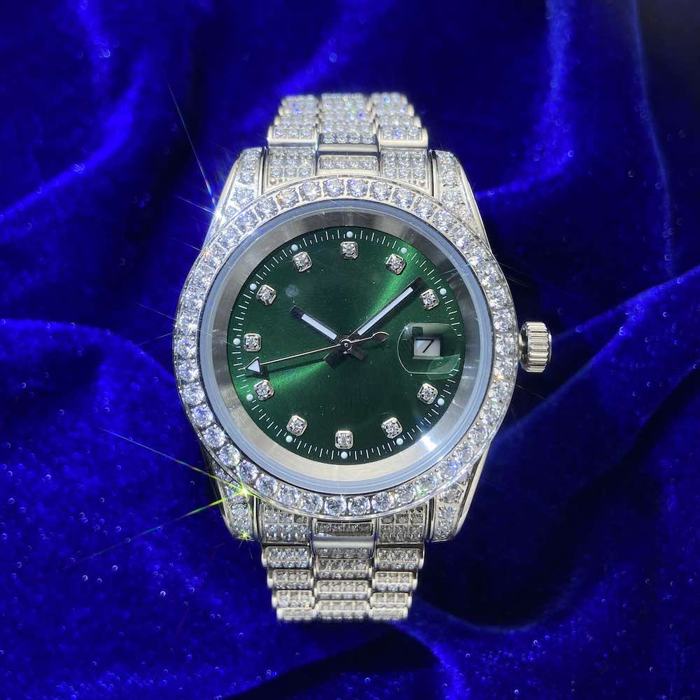 moissanite presidential watch green face 14k gold