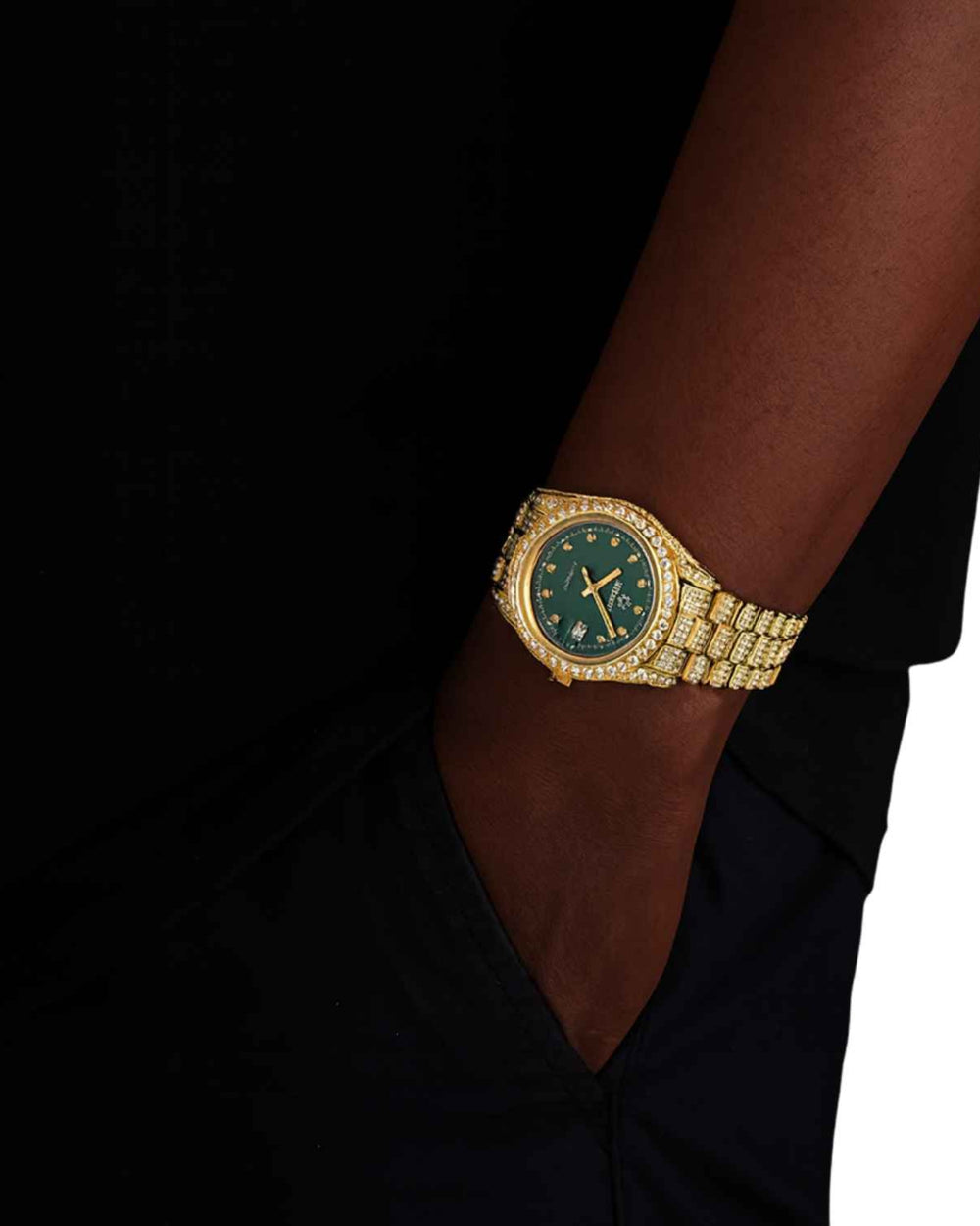 moissanite presidential watch green face 14k yellow gold model ICECARTEL px