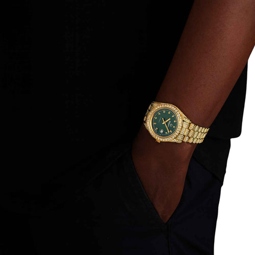 moissanite presidential watch green face 14k yellow gold model ICECARTEL