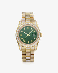moissanite presidential watch green face 14k yellow gold white background px