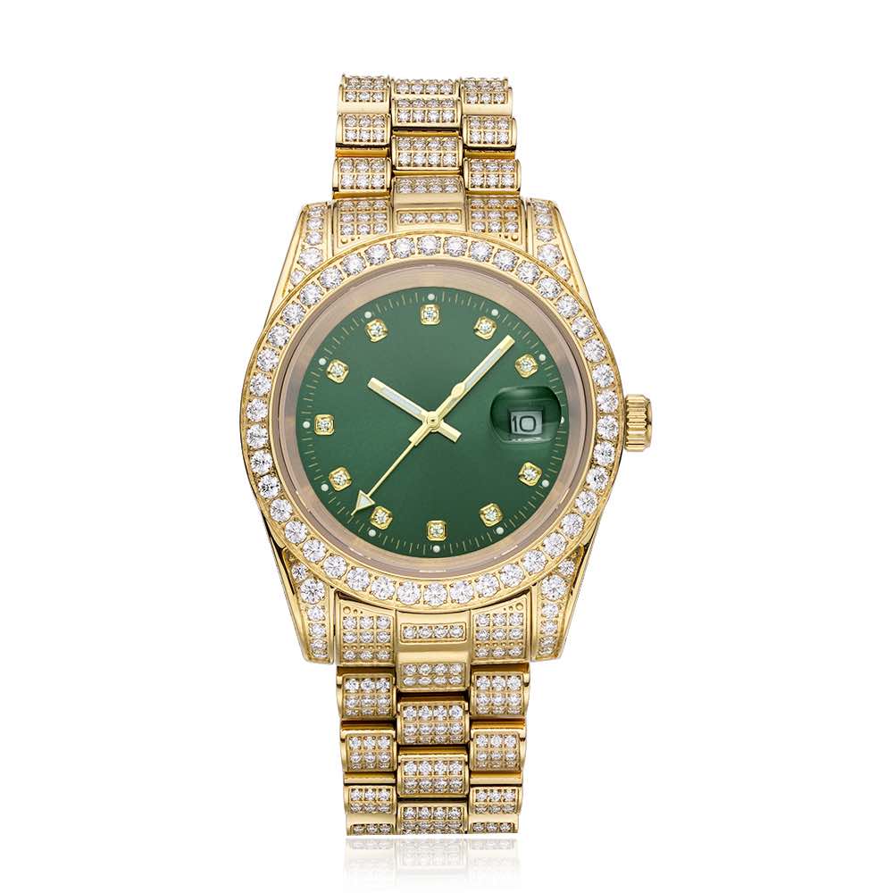 moissanite presidential watch green face 14k yellow gold white background