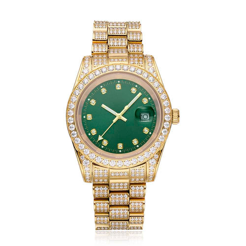 moissanite presidential watch green face 14k yellow gold white background