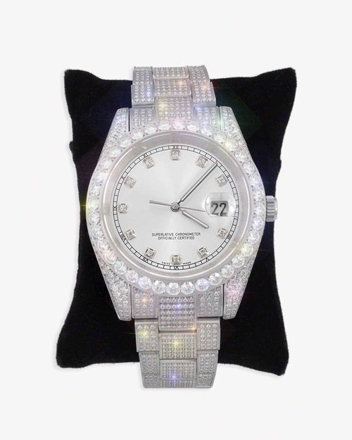 moissanite presidential watch white face 14k gold background px display