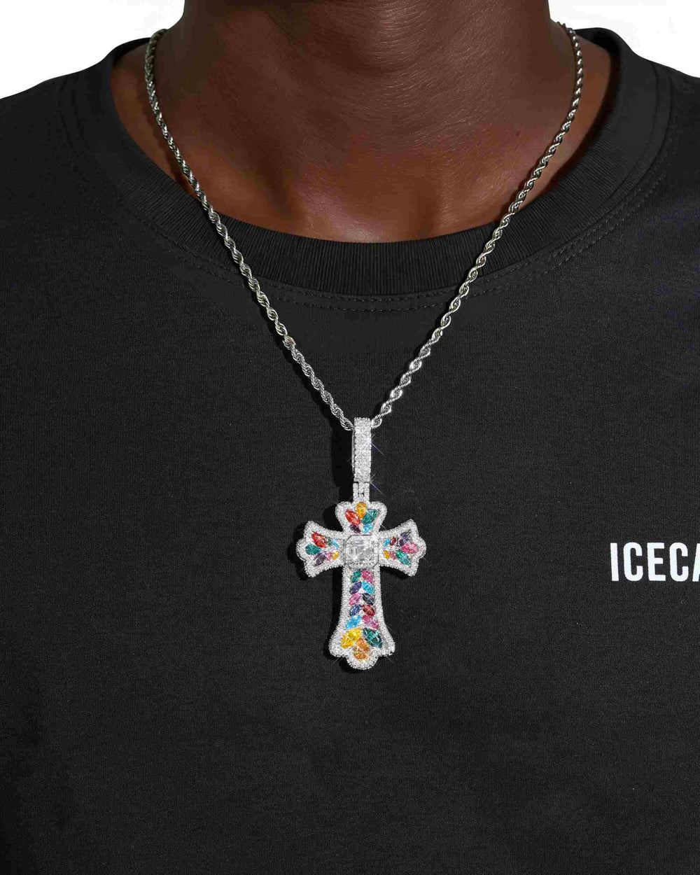 moissanite rainbow halo cross pendant 14k gold icecartel model