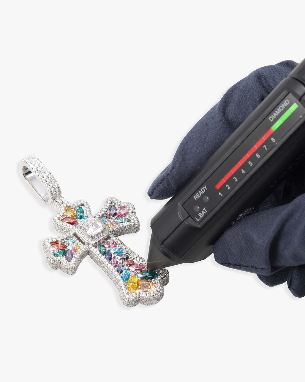 moissanite rainbow halo cross pendant 14k gold icecartel test