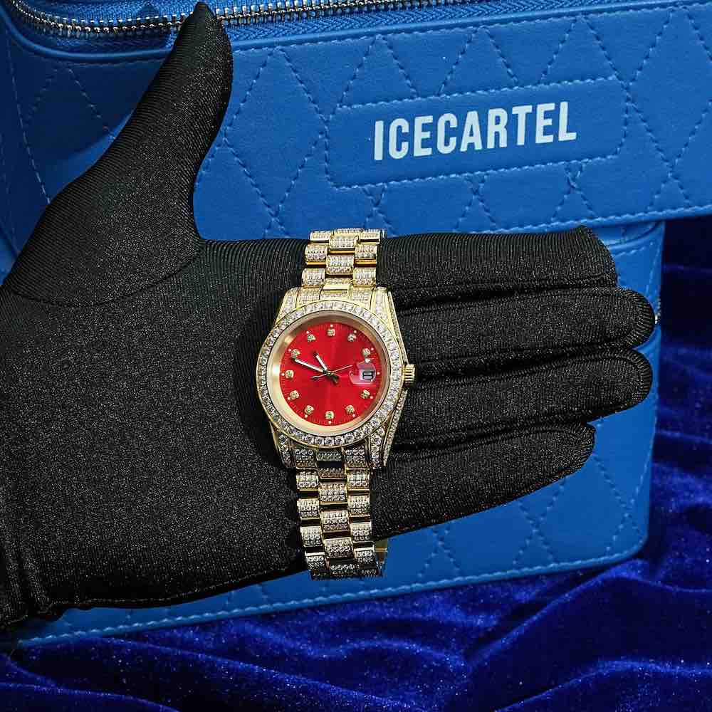 Moissanite Presidential Watch | Rotes Zifferblatt | 41MM | 13.3CT Iced Out | 14K Gelbgold